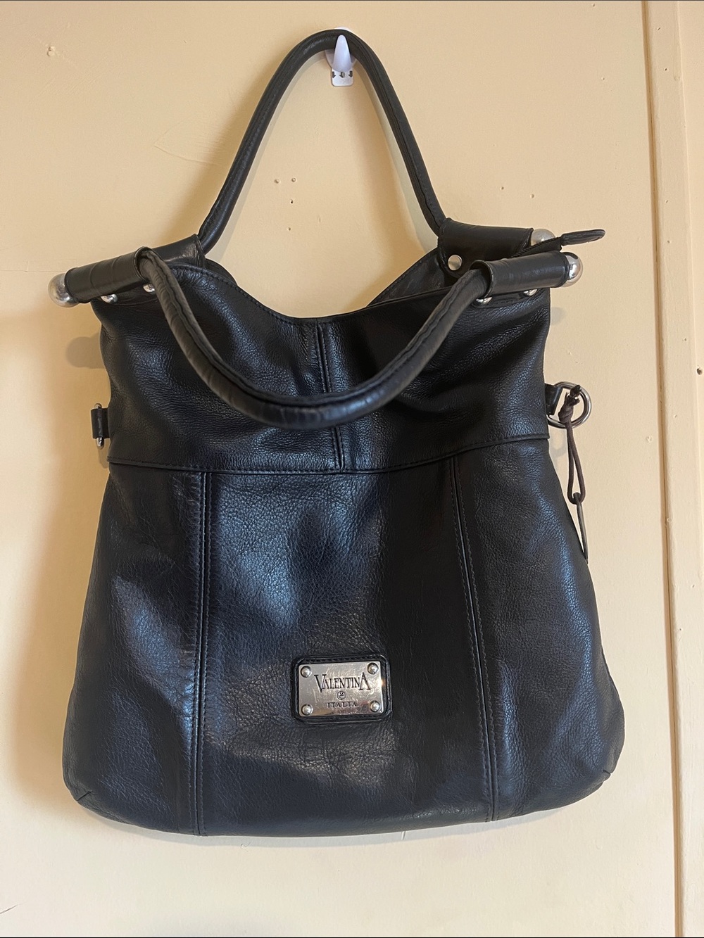 Valentina Black Leather Shoulder Bag with Metal Logo Plate